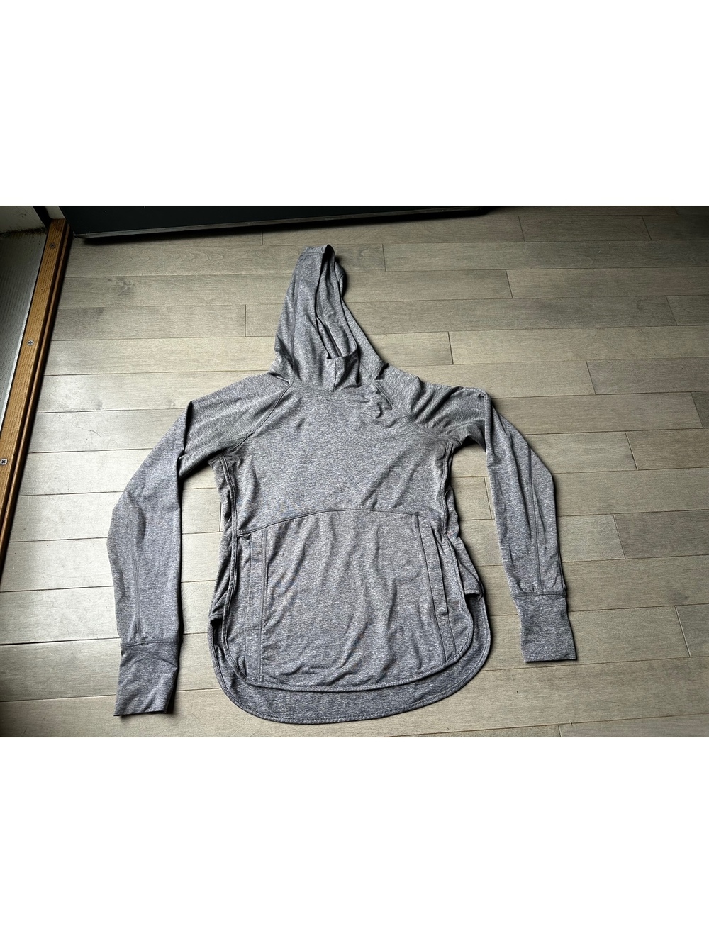 Athletic Gray Lightweight Hooded Pullover Sweatshirt with Thumb Holes Active